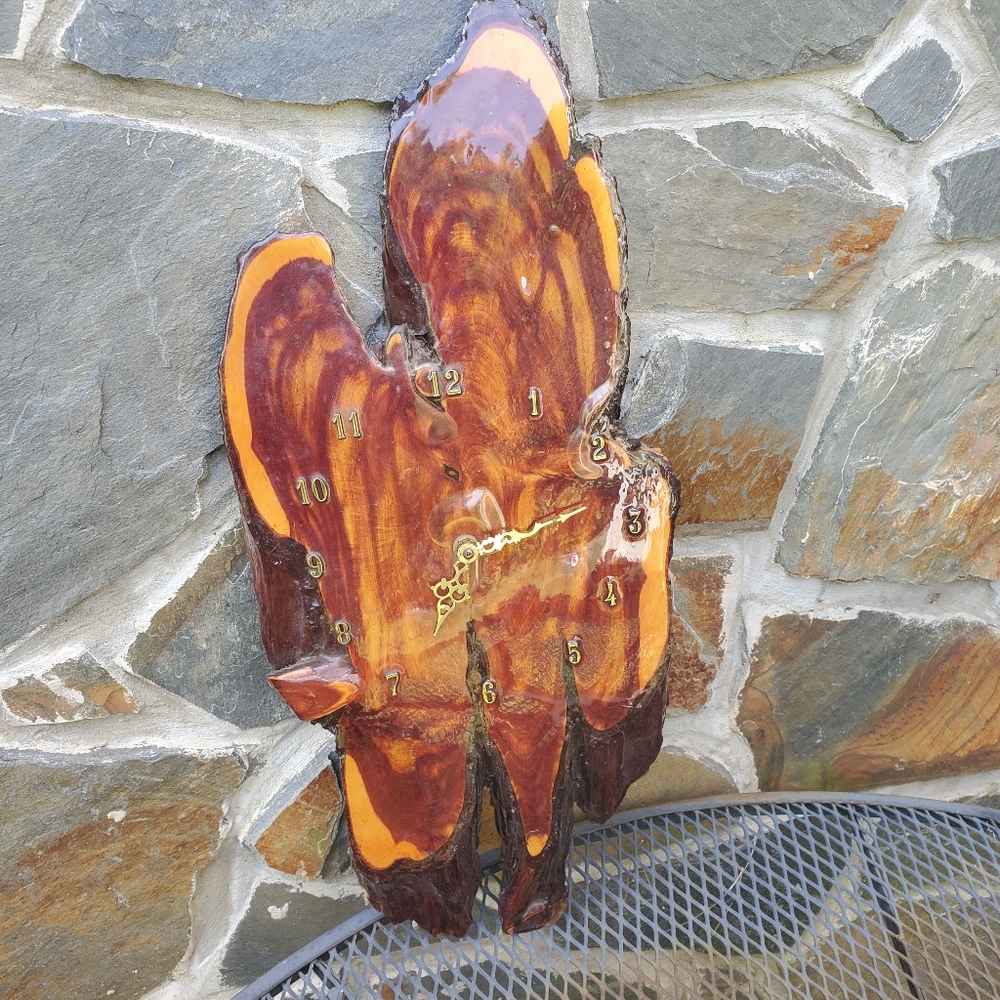 Vintage Juniper Wood Tree Slab Wall Clock Resin  Rustic 70s Large 24X10" As Is